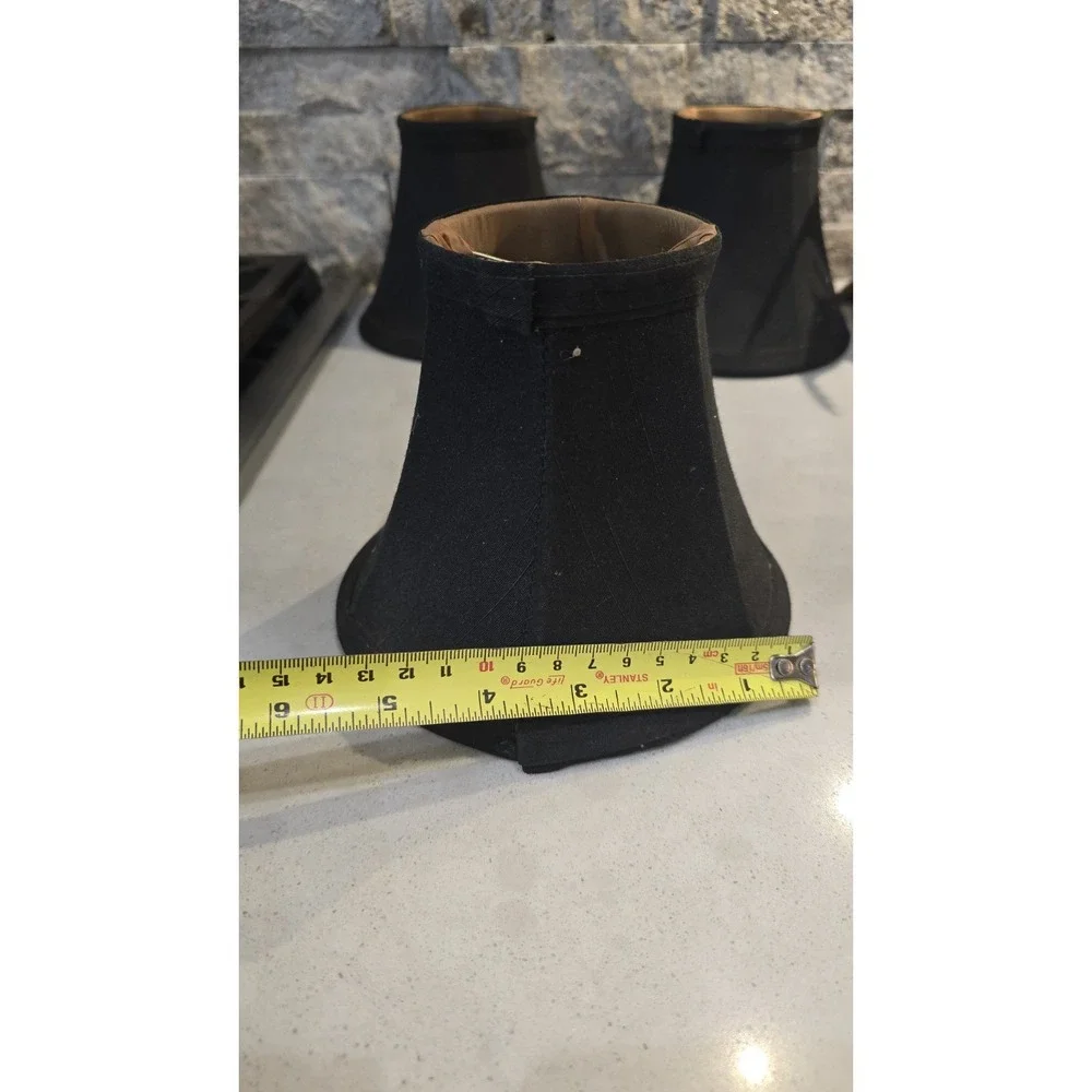 Set of 3 VTG Black Fabric Bell Chandelier Lamp Shades W/ Gold Lining Fitter 5